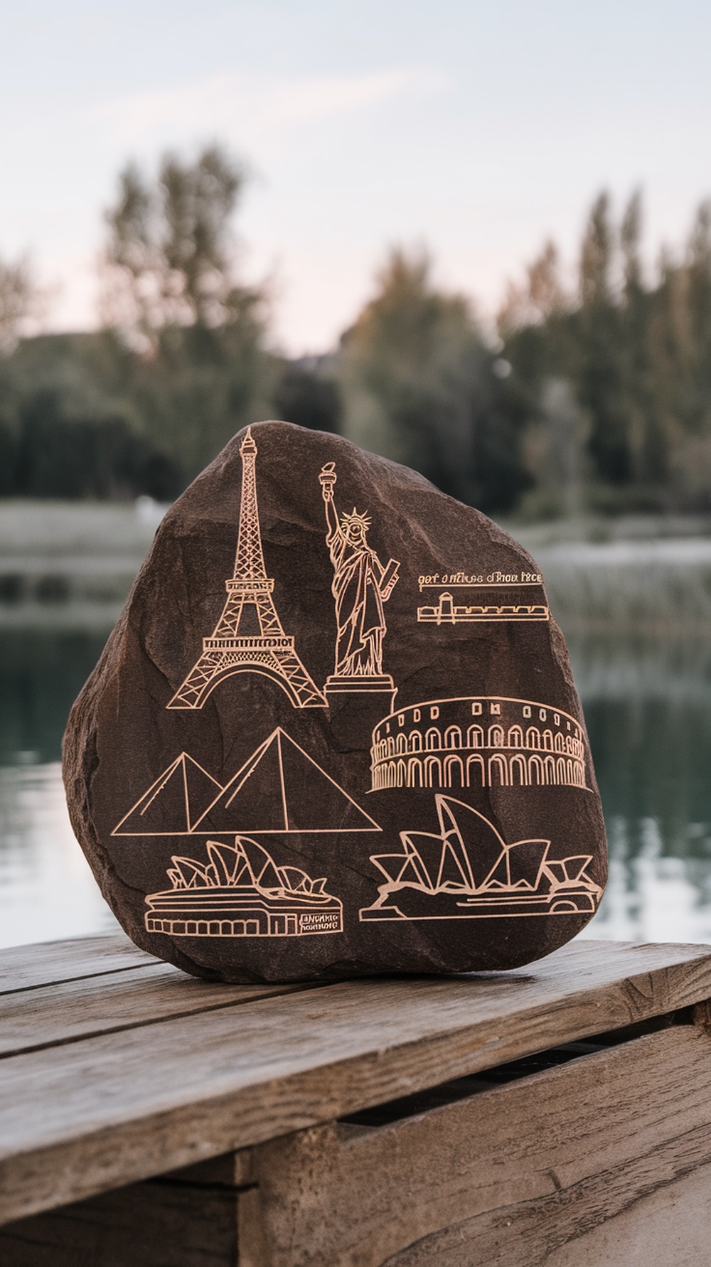 A painted rock featuring famous landmarks like the Eiffel Tower and the Statue of Liberty.