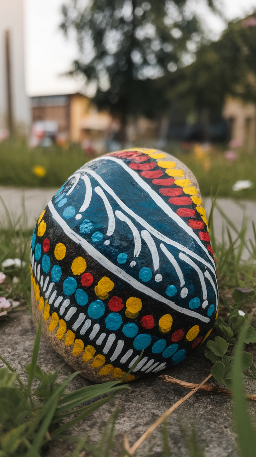 A painted rock with vintage designs in vibrant colors
