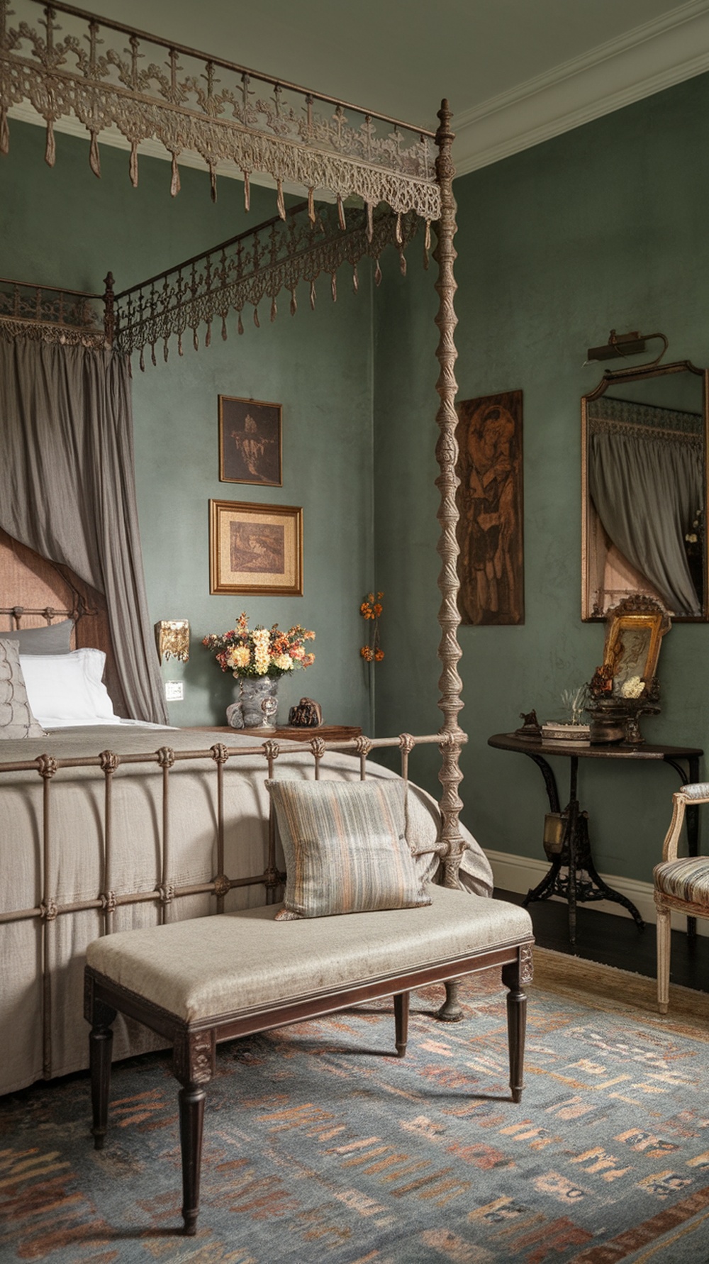 A vintage-style bedroom featuring dark green walls, an ornate iron bed, neutral bedding, and vintage decor.