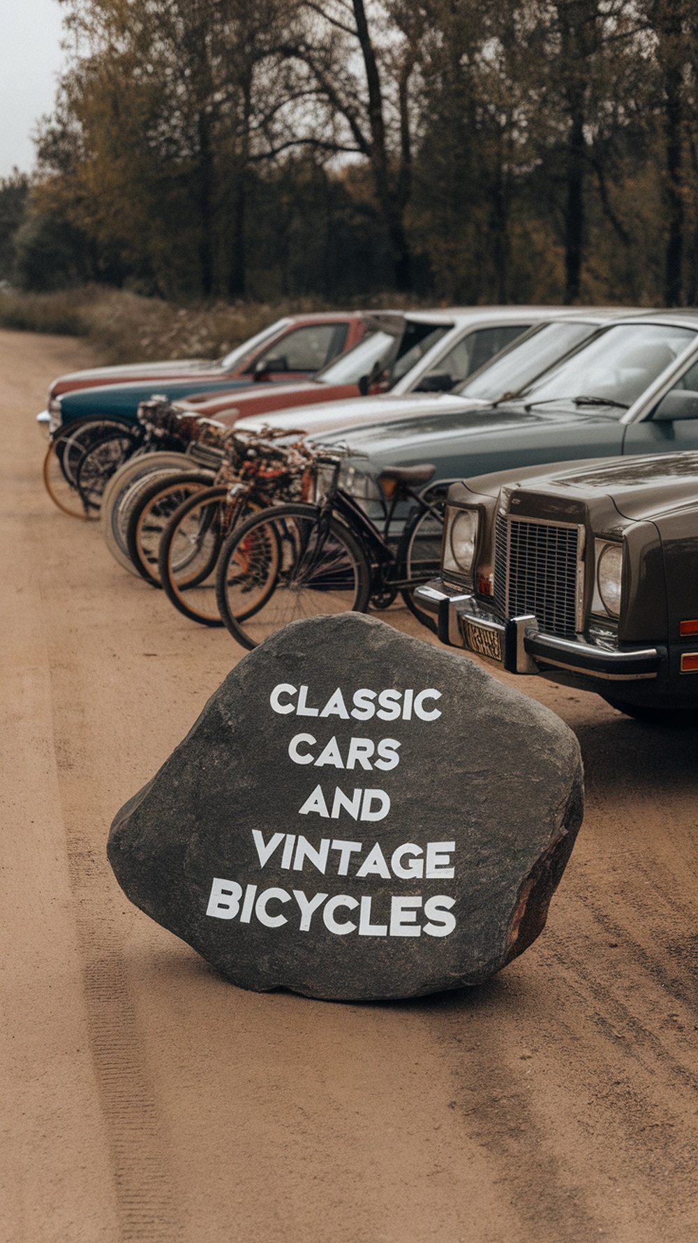 A rock with the text 'Classic Cars and Vintage Bicycles' in front of a row of vintage cars and bicycles.