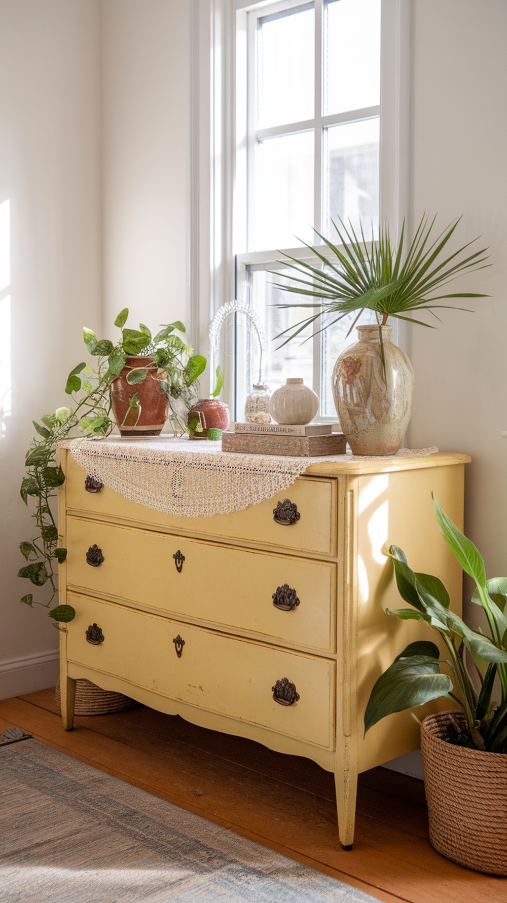 A vintage yellow dresser with decorative items and plants on top, positioned near a window.