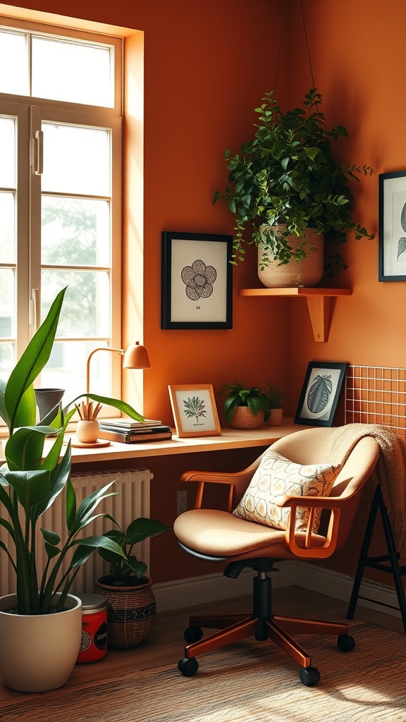 A cozy home office with warm terracotta walls, a comfortable chair, plants, and natural light.