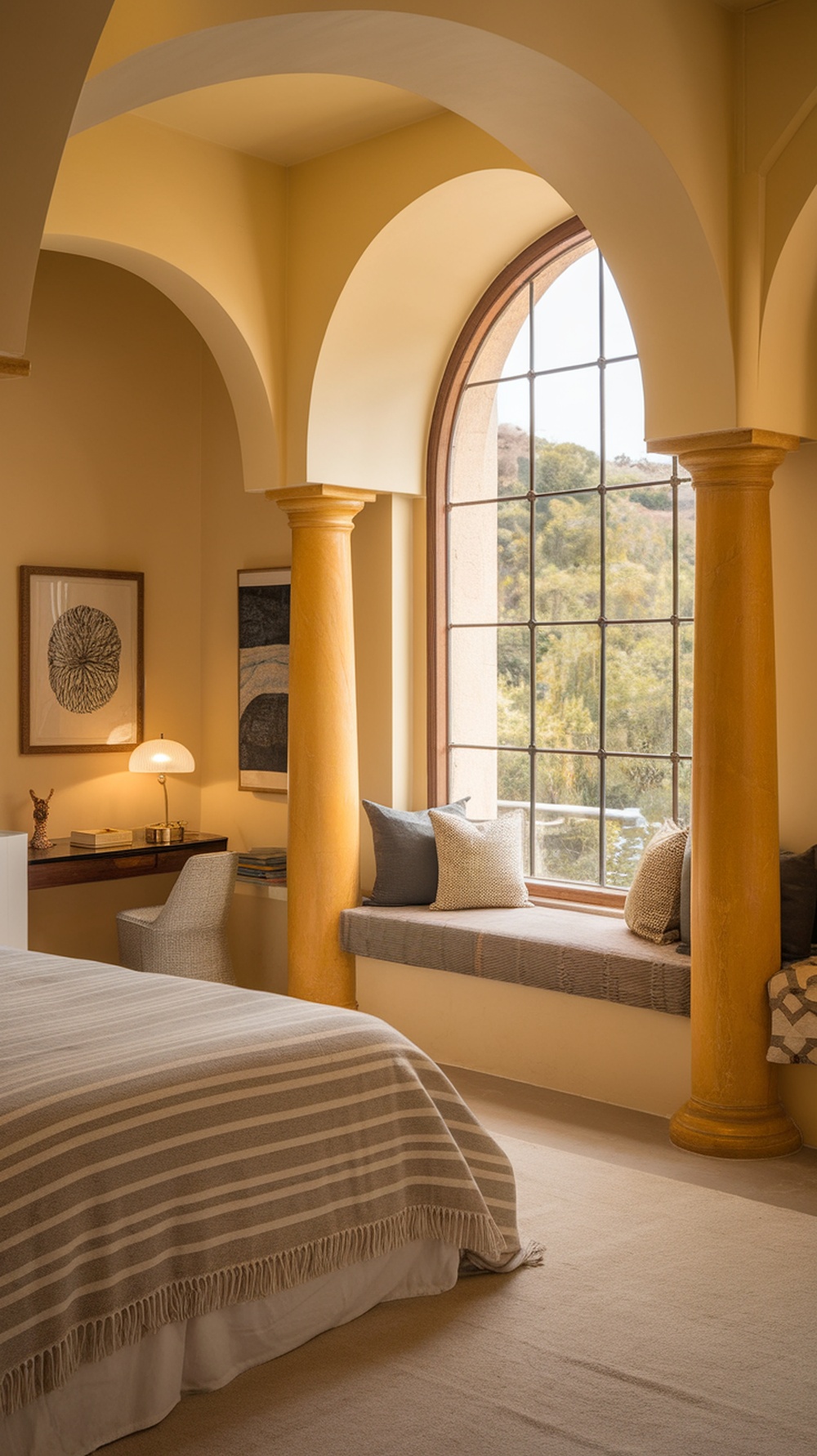 A cozy bedroom featuring warm yellow accent pillars, a large window with natural light, and soft furnishings.