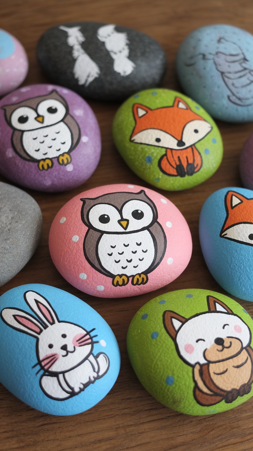 Colorful painted rocks featuring whimsical animal designs like owls, foxes, and rabbits.