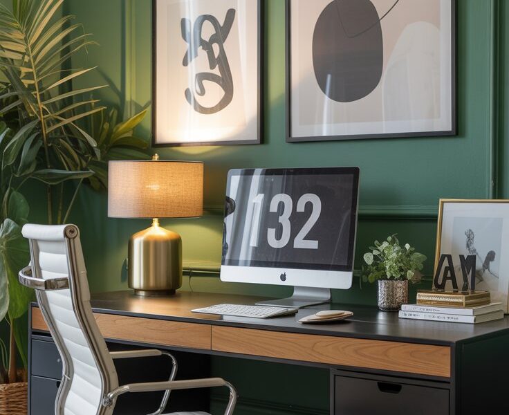 Wide shot of an aesthetically pleasing home office with abstract art, ambient lighting, and neat desk accessories with green walls
