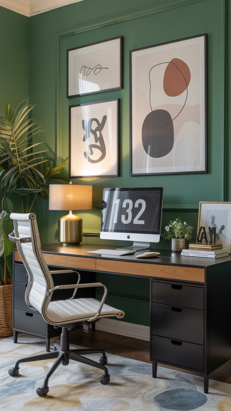 Wide shot of an aesthetically pleasing home office with abstract art, ambient lighting, and neat desk accessories with green walls