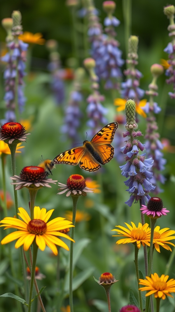 A colorful garden with yellow and purple flowers and a butterfly hovering over them.