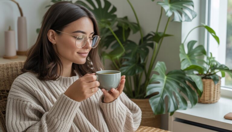 Woman relaxing with a cup of tea, representing realistic self-care myths versus Instagram-perfect self-care