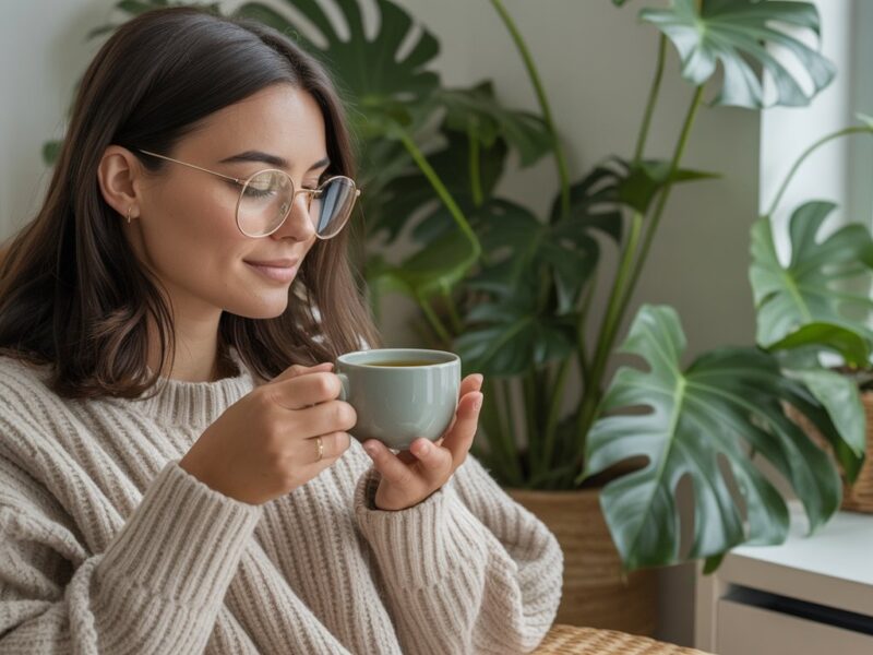 Woman relaxing with a cup of tea, representing realistic self-care myths versus Instagram-perfect self-care