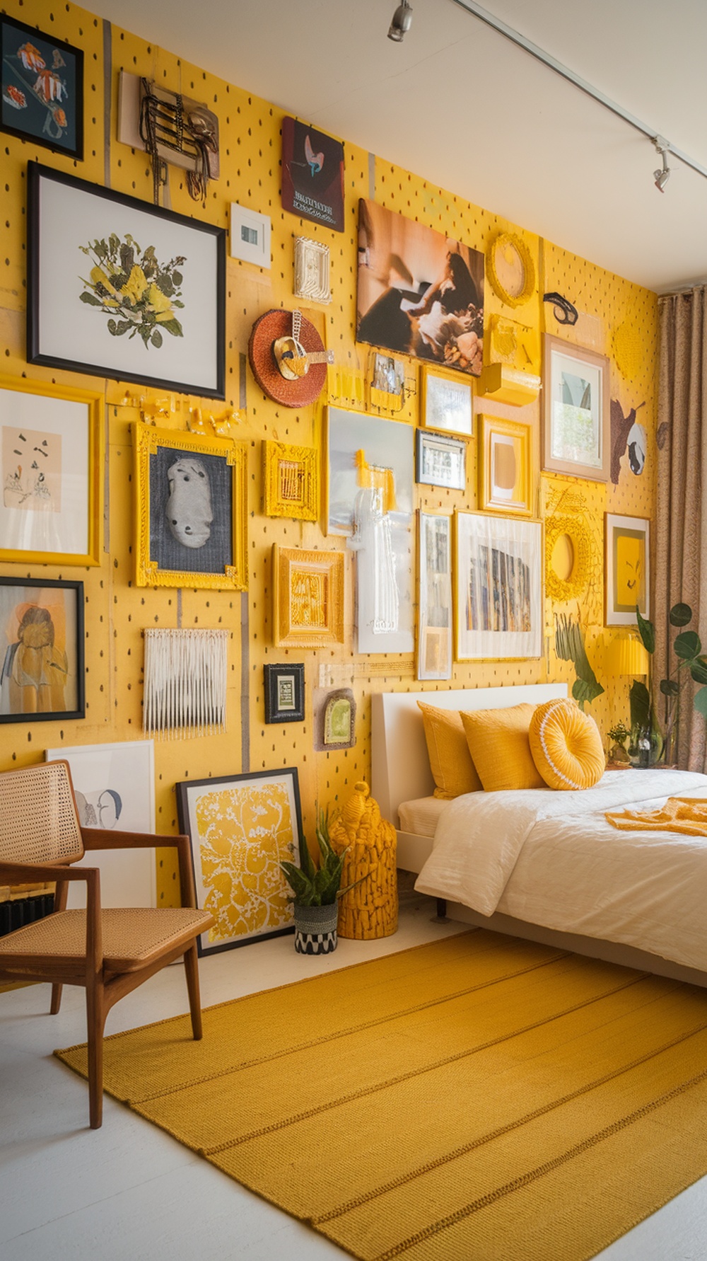 A vibrant yellow gallery wall with various framed artworks and decorative elements in a cozy bedroom setting.