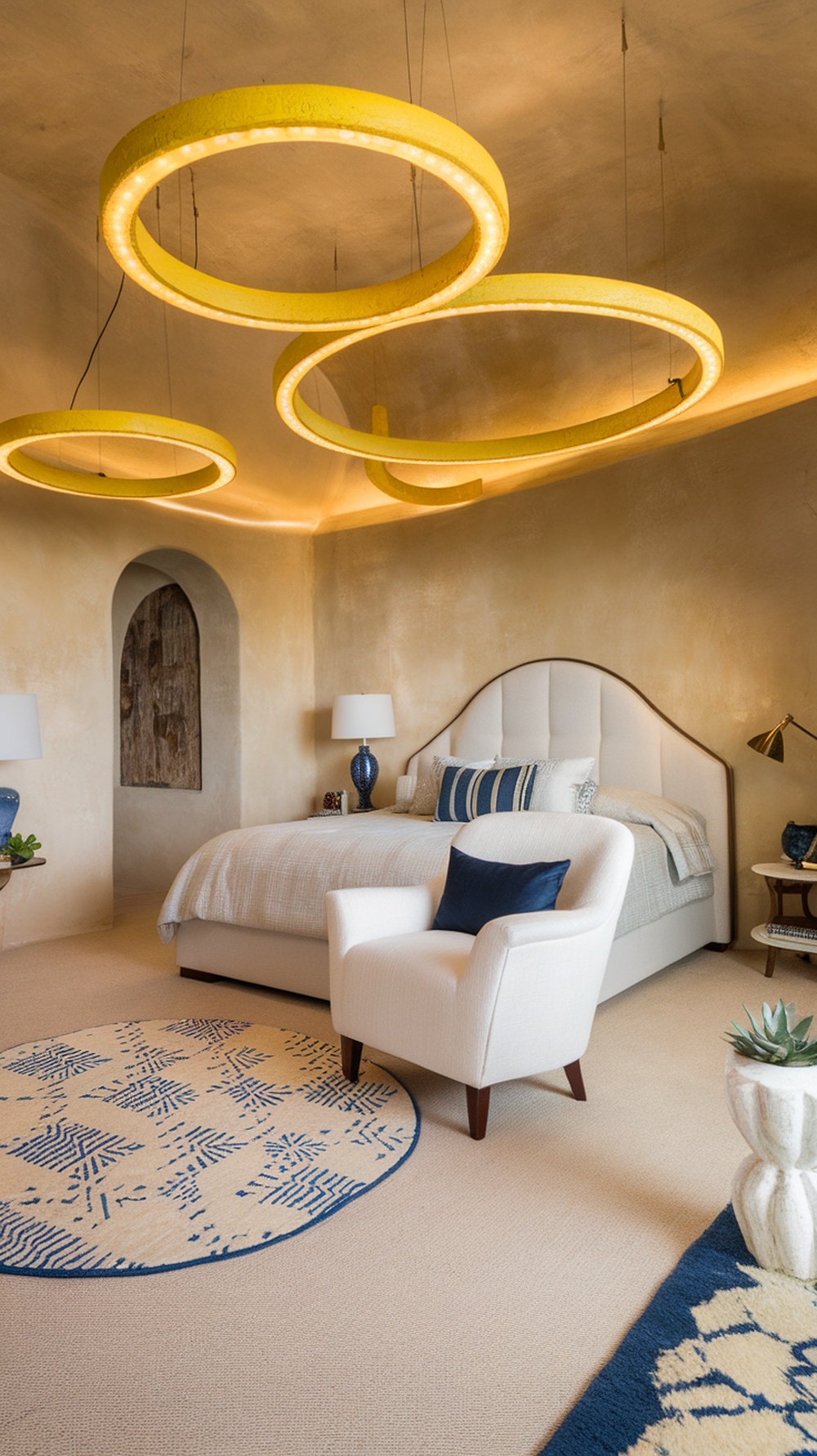 A modern bedroom featuring yellow circular lighting fixtures hanging from the ceiling, complemented by neutral decor.