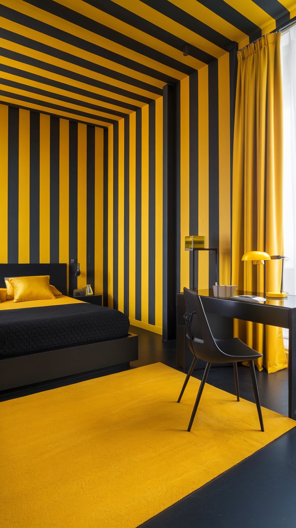 A modern bedroom with yellow and black striped walls, black furniture, and yellow accents.