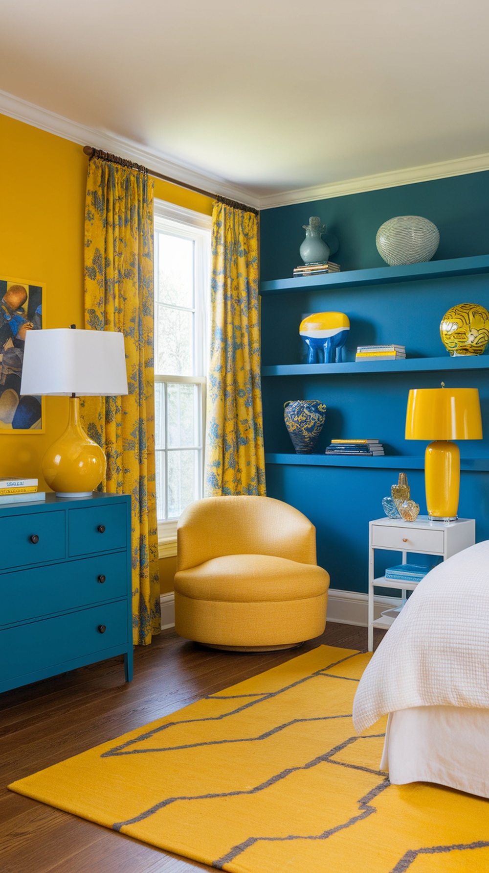 A bright bedroom featuring yellow walls, blue accents, and colorful decor.