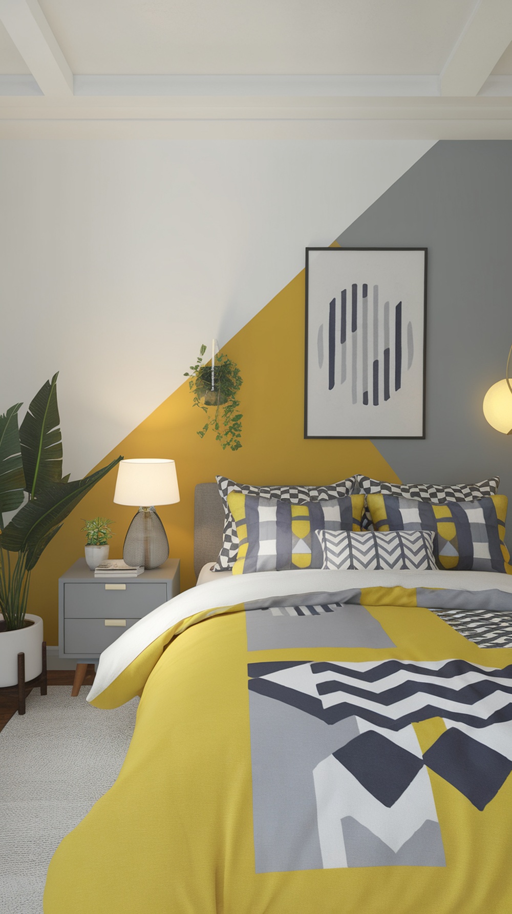 A modern bedroom featuring a yellow and gray color scheme with geometric patterns.