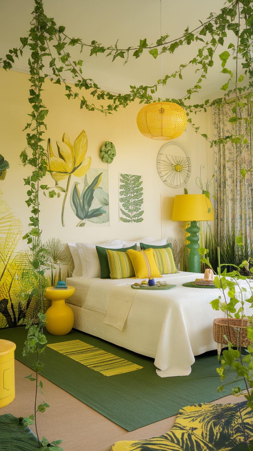 A bright yellow and green themed bedroom with botanical decorations and cozy bedding.