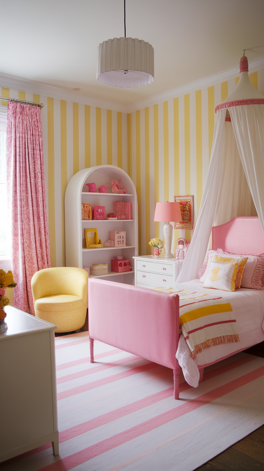 A bright bedroom featuring yellow and white striped wallpaper, pink furniture, and colorful decor.