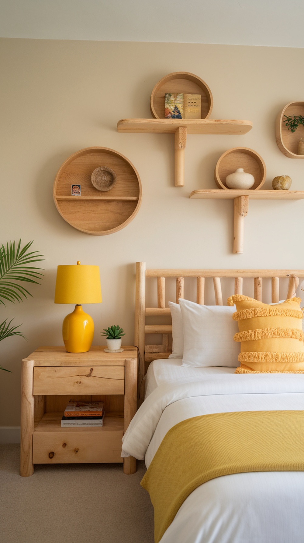 A cozy bedroom featuring yellow accents and wooden furniture, showcasing a warm and inviting atmosphere.
