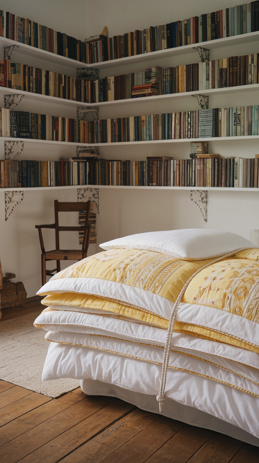 A cozy bedroom featuring a patterned yellow quilt on a bed, with bookshelves in the background.