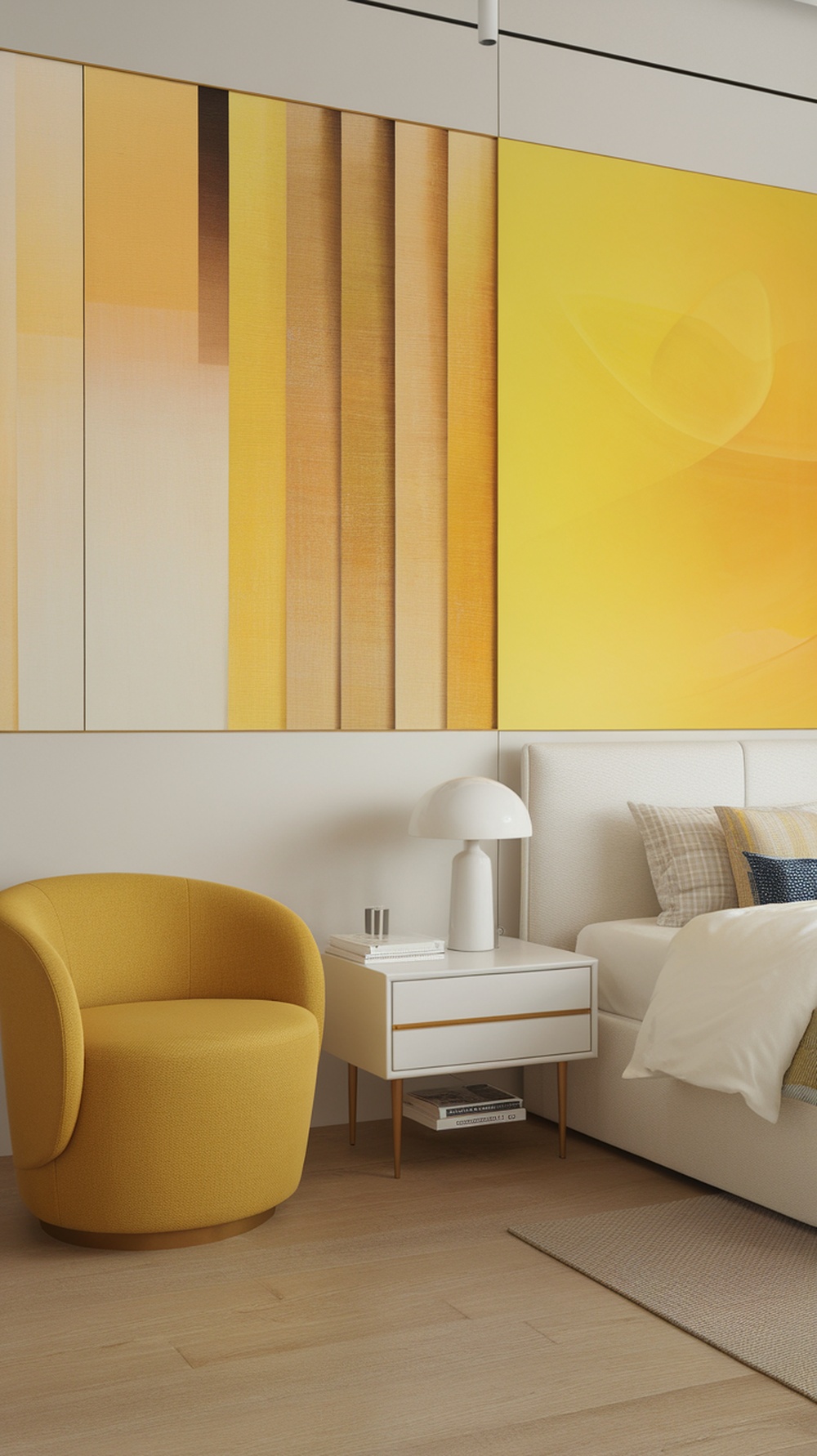 A cozy bedroom featuring yellow artwork, a yellow chair, and neutral bedding.
