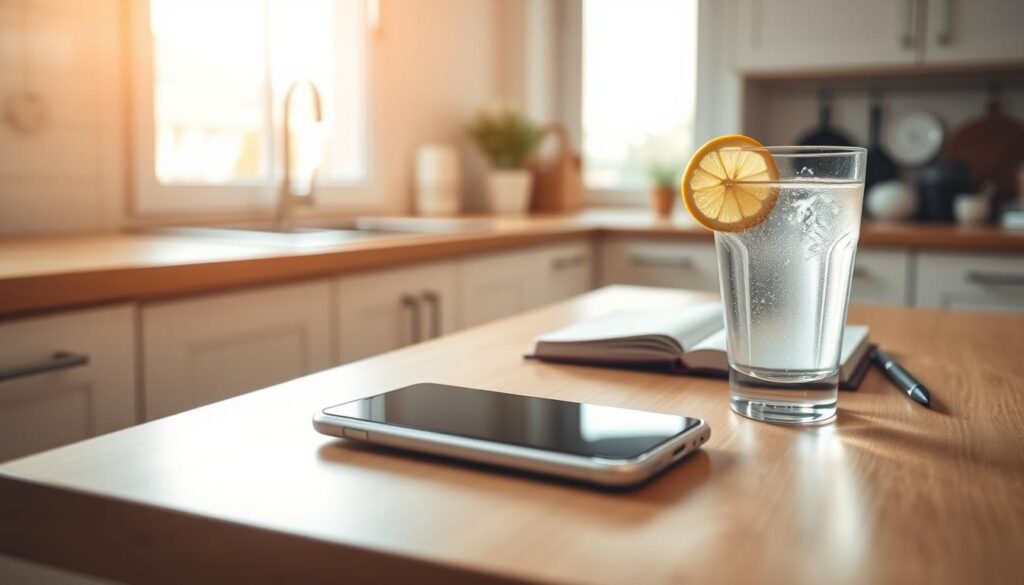 A bright and airy kitchen setting with a glass of water and a lemon slice on a wooden table, accompanied by a smartphone, a notebook, and a pen. Warm, natural lighting filters through a window, creating a soft, inviting atmosphere. The tabletop is clean and uncluttered, emphasizing the simplicity and importance of hydration as part of a morning routine for weight loss. The overall scene conveys a sense of calm, mindfulness, and a healthy start to the day.