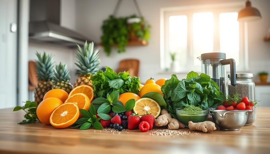 A bright and airy kitchen setting, with a wooden table or countertop in the foreground. Arranged neatly on the surface are various wellness drink ingredients: fresh fruits like oranges, pineapples, and berries, leafy greens like spinach and kale, aromatic herbs such as mint and ginger, and a variety of superfoods like chia seeds, flaxseeds, and spirulina powder. Soft, natural lighting from a window or skylight casts a warm glow over the scene, highlighting the vibrant colors and textures of the ingredients. The overall atmosphere is one of healthy, rejuvenating potential, inviting the viewer to imagine blending these elements into a nourishing morning smoothie.