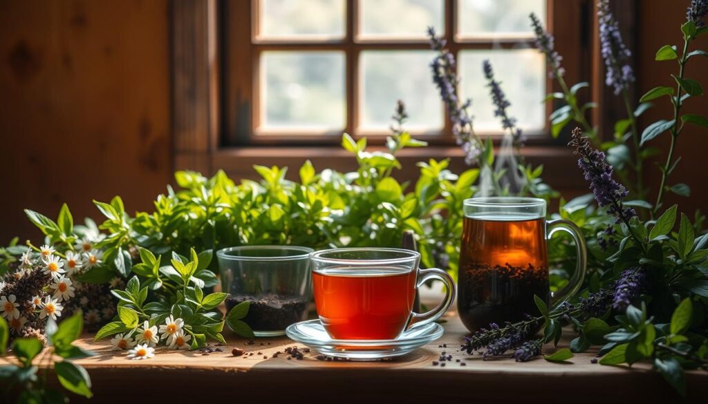 A cozy and inviting morning scene with an artfully arranged display of various herbal teas, including chamomile, ginger, peppermint, and lavender. The teas are set against a warm, earthy backdrop with soft natural lighting filtering through a window, casting a gentle glow on the cups and steaming mugs. Surrounding the tea display are lush, verdant plants and herbs, conveying a sense of wellness and relaxation. The overall mood is calming and rejuvenating, perfectly capturing the essence of starting the day with a revitalizing herbal tea ritual.