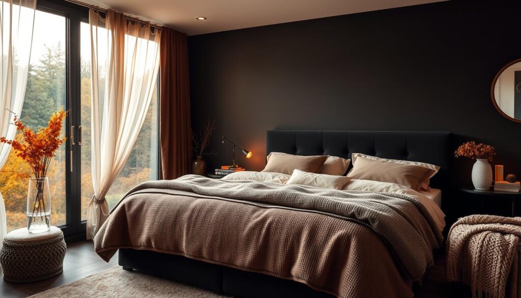 A cozy black bedroom in an autumn setting, with warm lighting casting a soft glow. A large, plush bed with layers of textured bedding in earthy tones dominates the foreground. Sheer curtains sway gently, framing a scenic window overlooking a lush, wooded landscape. Subtle seasonal touches, such as a vase of fall foliage and a knit throw, adorn side tables and accent pieces. The atmosphere is one of tranquility and coziness, inviting the viewer to imagine the perfect space for relaxation during the changing seasons.