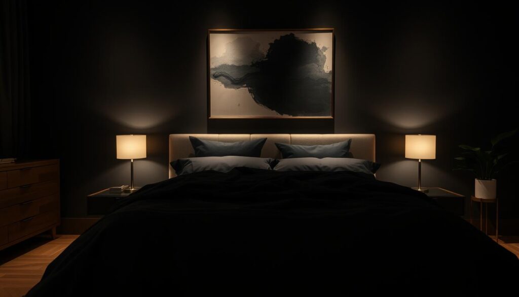 A cozy, dimly-lit black bedroom with warm, balanced lighting. The focal point is a plush, oversized bed draped in luxurious black linens. Soft, ambient lighting from a pair of sleek, minimalist nightstands casts a gentle glow, creating depth and dimension. In the background, a feature wall is adorned with a sophisticated, abstract art piece in muted tones that complements the color scheme. Subtle texture and natural elements, like a wooden dresser and potted plant, add visual interest and warmth to the space. The overall atmosphere is inviting, relaxing, and thoughtfully designed to achieve a harmonious, cohesive look.