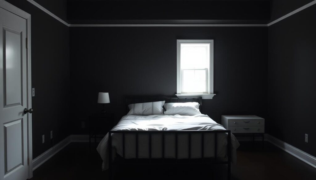 A dimly lit bedroom, walls painted in a deep charcoal hue, devoid of any personal touches. A generic, impersonal space, lacking the warmth and character that reflects the owner's unique style. The bed, a plain black frame, is surrounded by a sea of neutral tones - plain white linens, nondescript side tables, and a lone, unadorned lamp. The overall atmosphere feels cold and uninviting, a missed opportunity to create a cozy, customized retreat. Soft, natural lighting filters in through a single window, casting long shadows and highlighting the room's lack of personality. This image serves as a cautionary tale, a reminder that a bedroom's design should be a true expression of the occupant's personal style and preferences.