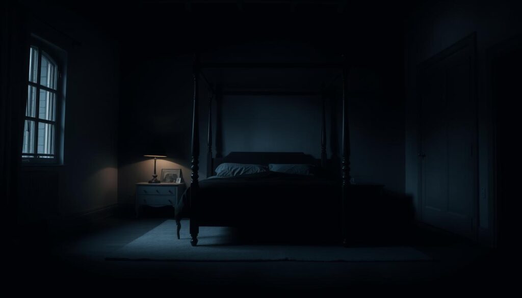 A dimly lit bedroom with a large black four-poster bed as the centerpiece. The space is sparsely furnished, with a single nightstand and a floor lamp casting harsh shadows on the walls. The lighting is uneven, creating pockets of darkness and highlighting the bed's angular frame. The overall atmosphere is heavy and oppressive, evoking a sense of unease. A wide-angle lens captures the full scope of the room, emphasizing the lack of proper lighting design and the potential pitfalls of an all-black color scheme.