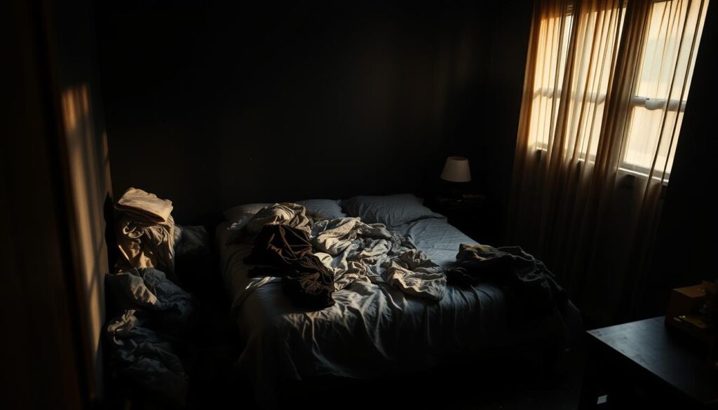 A dimly lit black bedroom with an unmade bed, piles of discarded clothes, and dust accumulating on the surfaces. The room is in a state of disarray, highlighting the challenges of maintaining a dark color scheme. Warm, indirect lighting casts long shadows, emphasizing the gloomy atmosphere. The scene conveys the importance of regular cleaning and organization to prevent a neglected, unkempt appearance in a black bedroom design.