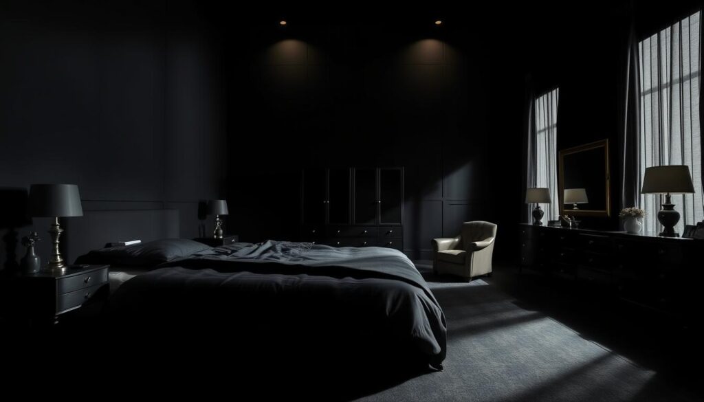 A dimly lit, spacious black-themed bedroom with a focus on poor scale and proportion. In the foreground, a massive, oversized bed dominates the room, dwarfing the surrounding furniture. Mismatched nightstands and lamps appear tiny in comparison. In the middle ground, a bulky, out-of-scale dresser overwhelms the space, while a small, awkwardly placed armchair sits uncomfortably nearby. The background reveals high ceilings and dark walls, creating an oppressive, claustrophobic atmosphere. Dramatic low-angle lighting casts long shadows, emphasizing the imbalance of elements. An unsettling, gloomy mood pervades the scene, highlighting the design pitfalls of ignoring scale and proportion.