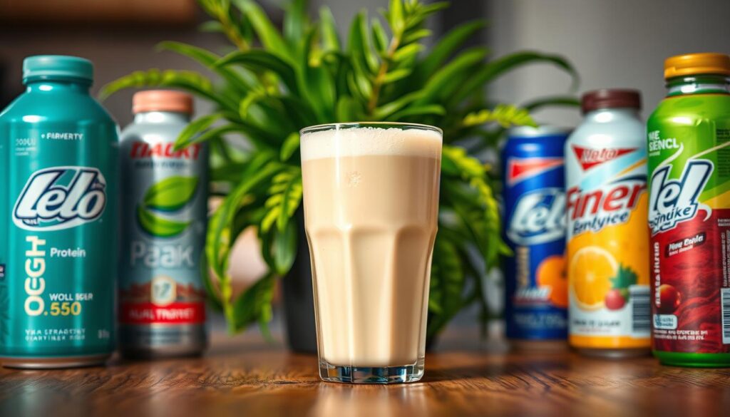 A glass of creamy protein shake on a wooden table, surrounded by a selection of vibrant energy drinks in various flavors and colors. The shake is frothy and tempting, casting a soft, warm glow from the gentle overhead lighting. In the background, a lush, green plant adds a touch of natural energy and vitality. The scene is captured with a shallow depth of field, focusing the viewer's attention on the central protein shake, while the energy drinks in the foreground and background provide a sense of balance and variety. The overall mood is one of refreshment, nourishment, and a boost of morning energy.