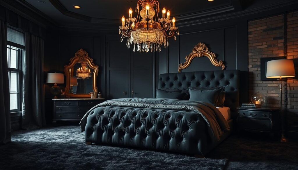 A luxurious, dimly lit black bedroom with a focal point of an elegantly tufted king-size bed draped in lush, charcoal-colored linens. The space is accented by a pair of ornate, gold-framed mirrors that reflect the warm glow of a crystal chandelier overhead. Plush, ebony-toned carpeting covers the floor, creating a cozy and inviting atmosphere. The walls are painted in a deep, moody black, complemented by subtle textural details like exposed brick or weathered wood paneling. Strategically placed task lighting and floor lamps cast a soft, ambient illumination, highlighting the room's rich, sophisticated appeal.