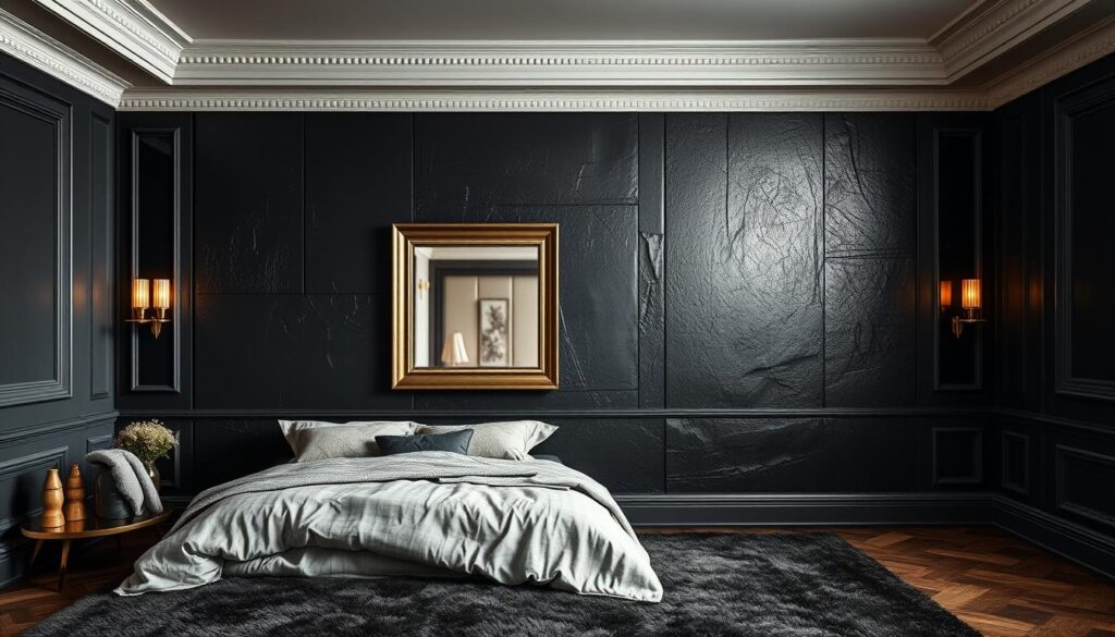 A moody, atmospheric bedroom with a dramatic black accent wall featuring textural and dimensional treatments. The wall is adorned with a mix of matte and glossy black surfaces, creating an interplay of light and shadow. Elegant molding details and a statement mirror frame add visual interest. Soft, warm lighting from sconces casts a cozy glow, while a large, plush rug and cozy bedding complete the luxurious, enveloping ambiance. The composition emphasizes the artistic, thoughtful approach to wall design, showcasing how it can transform the mood and character of a bedroom space.