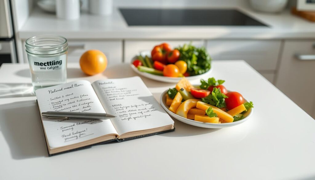 A neatly organized kitchen counter with a balanced meal plan laid out. A notebook with handwritten notes on nutritious recipes, a glass of water, and a plate of fresh fruits and vegetables. Soft, natural lighting illuminates the scene, creating a calming and motivating atmosphere. The image conveys a sense of intentionality and control over one's dietary choices, reflecting the importance of planning and preparation for weight loss. The composition is clean and minimal, allowing the healthy meal items to take center stage.