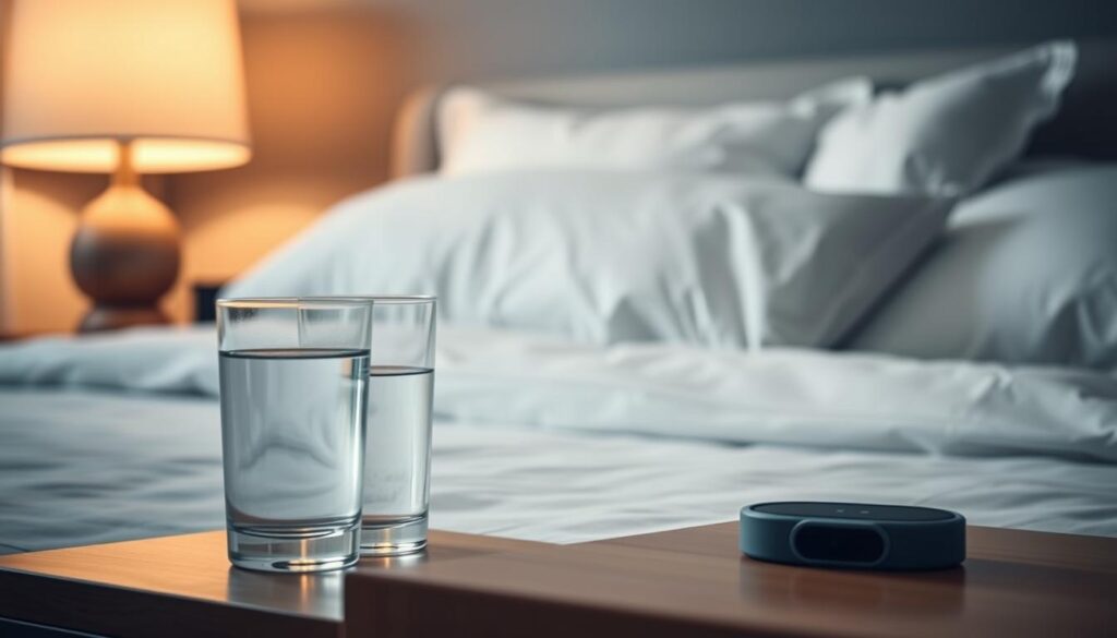 A peaceful bedroom scene, dimly lit by a soft, warm glow from a bedside lamp. The bed is made with crisp, white linens and plush pillows, inviting a restful, restorative slumber. In the foreground, a glass of water and a sleep tracker device rest on a wooden nightstand, symbolizing the importance of hydration and monitoring sleep quality for weight loss. The background features muted, calming colors on the walls, creating a serene and tranquil atmosphere conducive to deep, rejuvenating sleep. The overall composition conveys a sense of comfort, relaxation, and the fundamental role of quality sleep in achieving weight loss goals.