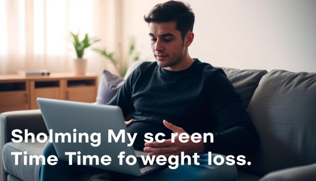 A peaceful morning scene with a person sitting on a couch, laptop open, with a thoughtful expression. The lighting is soft and warm, suggesting early dawn. The background is blurred, with hints of a tidy, minimalist living room. The person's posture conveys a sense of discipline and focus, as they limit their morning screen time for weight loss. The overall atmosphere is one of calm, introspection, and a commitment to self-improvement.