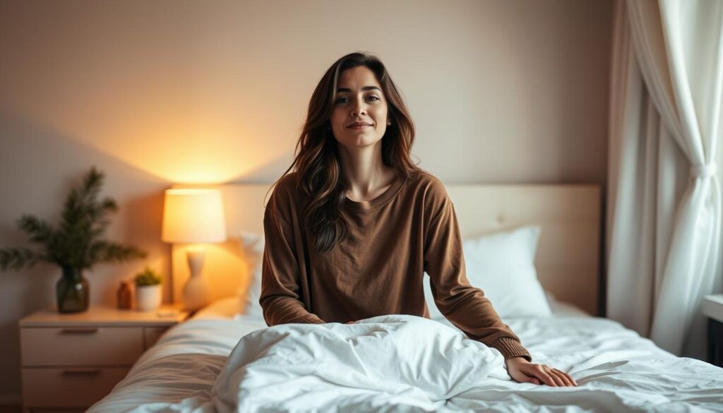 A person waking up early in the morning, sitting on the edge of their bed in a cozy, well-lit bedroom. The person has a peaceful, focused expression as they prepare to start their day. In the background, a neatly made bed, a bedside table with a glass of water, and a plant or other calming decor. The lighting is soft and warm, creating a serene atmosphere. The camera angle is slightly elevated, capturing the scene from a slightly higher perspective, emphasizing the sense of routine and intentionality. The overall mood is one of calm, order, and a consistent, healthy morning ritual.