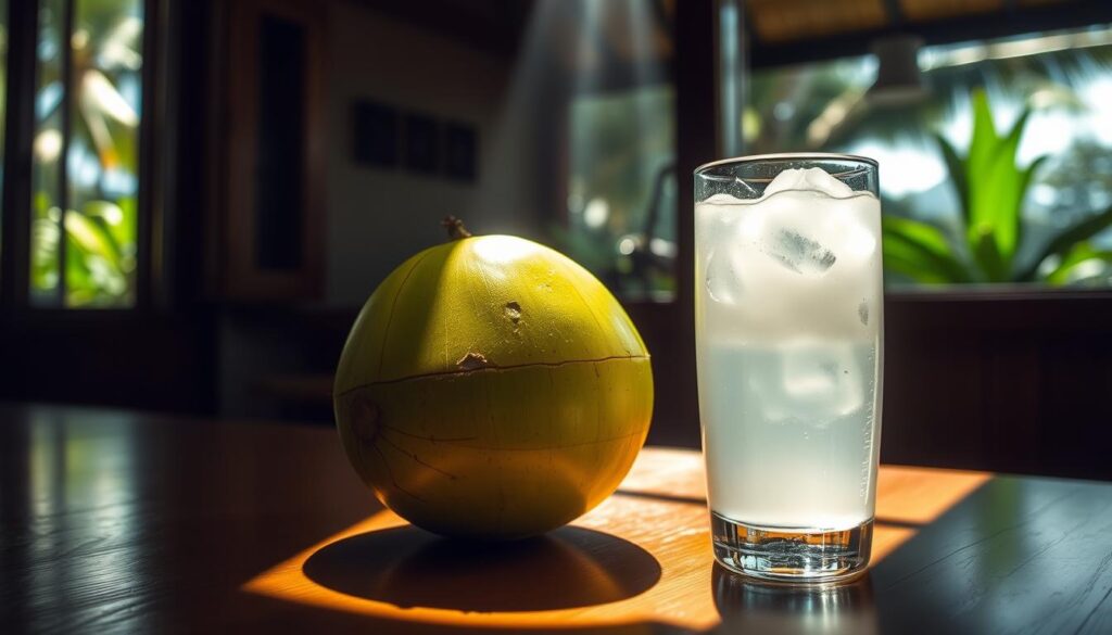 A refreshing glass of coconut water with a vibrant green coconut resting on a wooden table. Sunlight streams through a window, casting a warm, natural glow on the scene. The coconut water is clear and inviting, with a few ice cubes glistening inside. In the background, a lush, tropical landscape can be seen through the window, adding to the sense of health and rejuvenation. The overall mood is one of calm, tranquility, and hydration, perfect for starting the day with an energy boost and electrolyte replenishment.