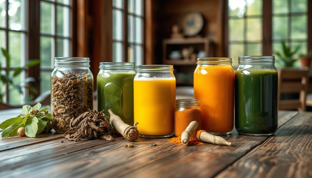 A rustic wooden table, natural sunlight filtering through large windows, showcases an array of vibrant, herbal-infused energy drinks. In the foreground, glass jars brim with adaptogenic herbs like ashwagandha, ginseng, and turmeric, their rich colors and textures lending an earthy, wellness-focused atmosphere. Smooth-textured beverages in various shades of green, yellow, and red occupy the middle ground, their surfaces glistening with condensation. Overhead, a soft, diffused lighting creates a warm, inviting ambiance, accentuating the natural, healthful qualities of the drinks. The overall scene evokes a sense of calm, rejuvenation, and the power of nature-based remedies to revitalize the body and mind on a leisurely morning.