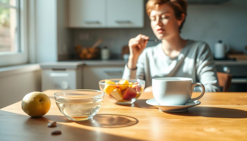 A serene kitchen scene on a bright morning. In the foreground, a wooden table set with a simple breakfast - a bowl of fresh fruit, a cup of steaming tea, and a spoon resting beside the bowl. The table is bathed in soft, natural light filtering through a nearby window. In the middle ground, a person sits at the table, their eyes closed as they take a mindful bite of the fruit, savoring each flavor and texture. The background is blurred, but suggests a well-organized, calming kitchen space. The overall mood is one of tranquility, focus, and an appreciation for the present moment.