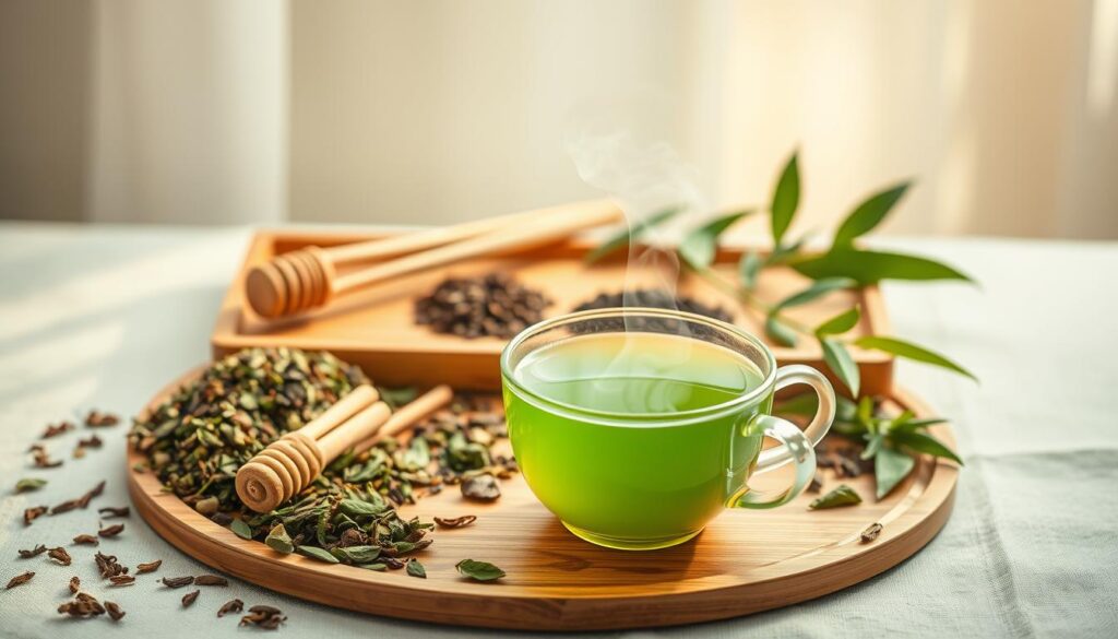 A serene morning scene of a tranquil green tea display. In the foreground, a delicate ceramic teacup filled with steaming green tea, its fragrant steam rising gently. Surrounding the teacup, an assortment of loose-leaf tea leaves, dried herbs, and honey sticks, creating a natural, earthy arrangement. In the middle ground, a wooden tea tray with a minimalist aesthetic, lending a sense of calm and simplicity. The background features a soft, muted palette of greens and whites, evoking the soothing, rejuvenating essence of green tea. Warm, diffused lighting casts a gentle glow, creating a serene, inviting atmosphere. The entire composition conveys the idea of a healthy, invigorating morning ritual.