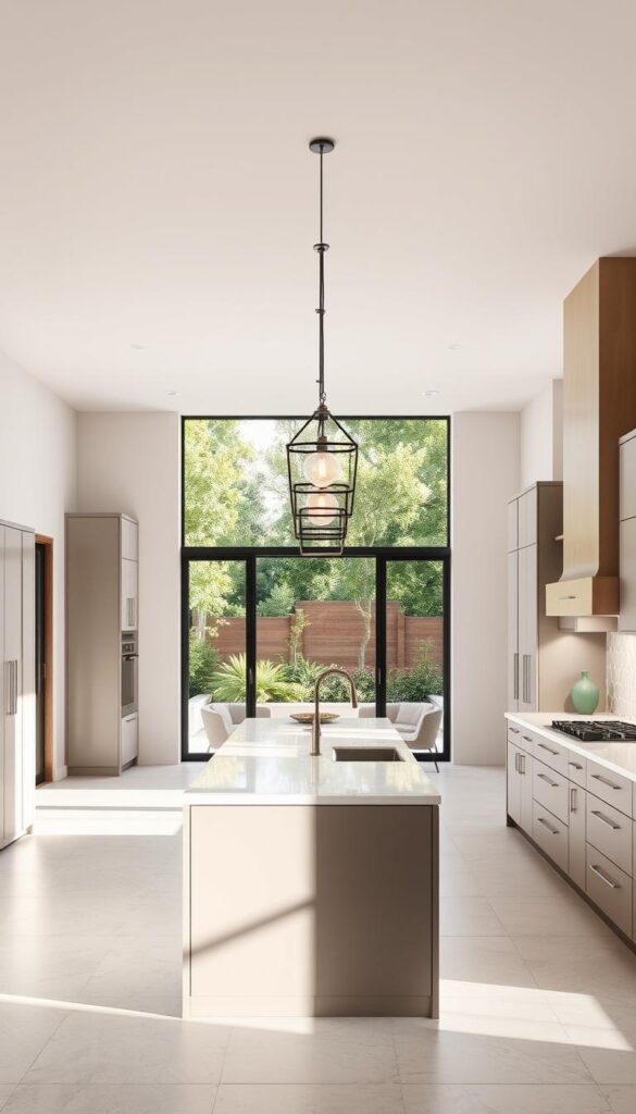 A spacious, open-concept kitchen filled with natural light. Sleek, minimalist cabinets in a muted color palette frame the room, complemented by a large, central island with a quartz countertop. Pendant lights with clean, geometric designs hang overhead, casting a warm glow. The backsplash features a subtle, textured tile pattern that adds visual interest. In the background, a large window overlooks a lush, green outdoor space, blurring the boundaries between indoor and outdoor living. The overall atmosphere is one of calm, cohesive elegance, where the design elements work together to create a harmonious, unified space. A spacious, open-concept kitchen filled with natural light. Sleek, minimalist cabinets in a muted color palette frame the room, complemented by a large, central island with a quartz countertop. Pendant lights with clean, geometric designs hang overhead, casting a warm glow. The backsplash features a subtle, textured tile pattern that adds visual interest. In the background, a large window overlooks a lush, green outdoor space, blurring the boundaries between indoor and outdoor living. The overall atmosphere is one of calm, cohesive elegance, where the design elements work together to create a harmonious, unified space.