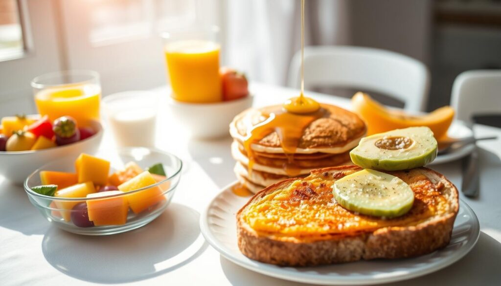 A sunlit breakfast table with a healthy morning spread: a bowl of fresh seasonal fruit, a stack of fluffy whole-grain pancakes drizzled with pure maple syrup, a glass of freshly squeezed orange juice, and a plate of crisp, golden-brown whole-wheat toast topped with creamy avocado and a sprinkle of sea salt. The scene is captured with a warm, inviting wide-angle lens, highlighting the vibrant colors and natural textures of the meal. The lighting is soft and diffused, creating a calming, rejuvenating atmosphere, perfect for starting the day on a nourishing note.