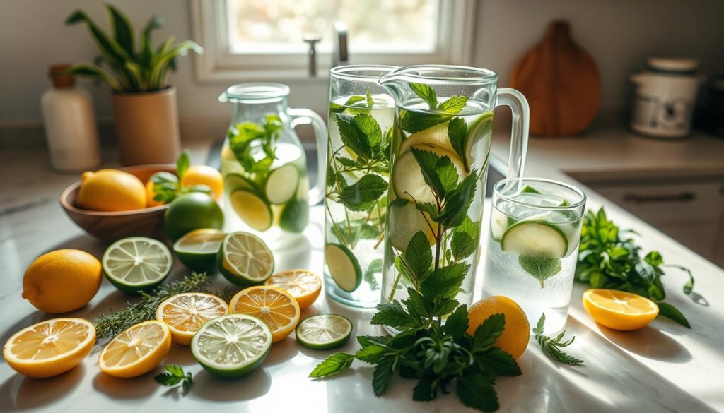 A sunlit kitchen counter showcases an array of fresh fruit, herbs, and glass pitchers filled with infused water. Sliced lemon, lime, cucumber, and sprigs of mint create a vibrant, natural palette. The lighting is soft and diffused, casting a warm glow on the scene. The camera angle is slightly elevated, providing a birds-eye view of the inviting display. The mood is one of wellness, simplicity, and the allure of a refreshing morning beverage. The scene evokes a sense of tranquility and a desire to savor the moment.