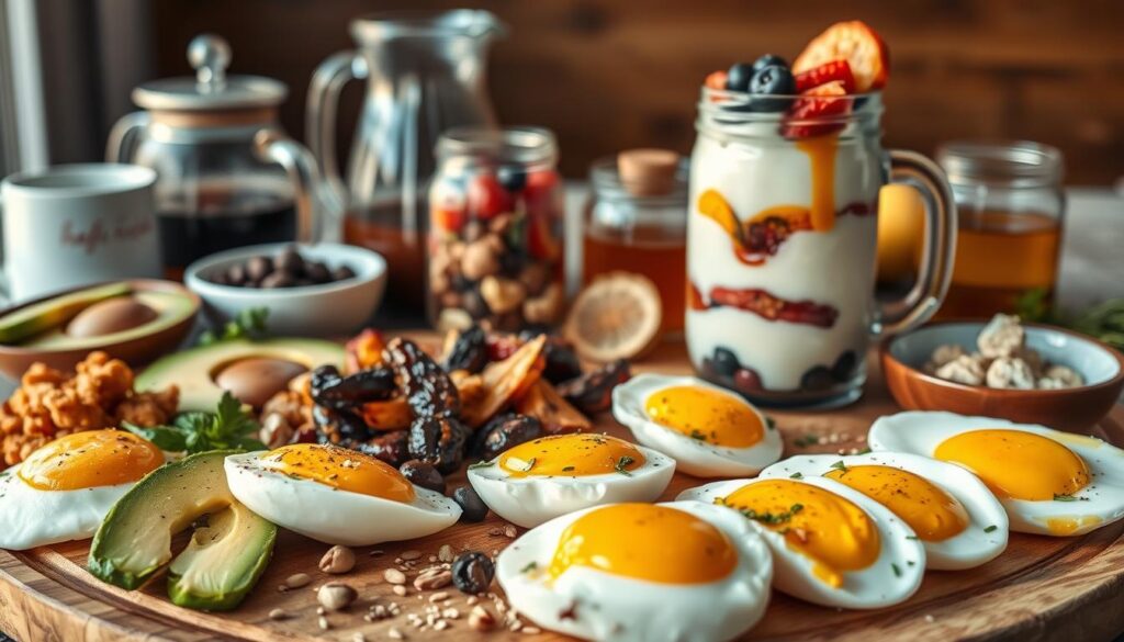 A vibrant, appetizing scene of a breakfast spread showcasing protein-rich foods for hormone balance. In the foreground, an assortment of eggs prepared in various styles - poached, fried, and scrambled - arranged artfully on a wooden board. Surrounding the eggs, an array of nutrient-dense accompaniments such as avocado slices, roasted vegetables, and a sprinkle of seeds and nuts. The middle ground features a glass jar filled with a creamy yogurt parfait, layered with fresh berries and a drizzle of honey. In the background, a carafe of freshly brewed coffee and a selection of herbal teas set the mood for a nourishing and energizing start to the day. Soft, natural lighting filters through the scene, creating a warm, inviting atmosphere.