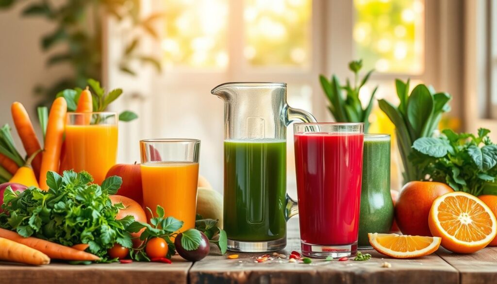A vibrant still life of assorted fresh juices, set against a bright, natural backdrop. In the foreground, an array of colorful fruits and vegetables - carrots, oranges, apples, and leafy greens - are being juiced into tall, slender glasses, their contents overflowing with a riot of energizing hues. The mid-ground features a rustic wooden table or countertop, with a glass pitcher of just-squeezed juice taking center stage, surrounded by a scattering of ingredients. In the background, a sun-dappled window or open doorway hints at the outdoors, conveying a sense of vitality and connection to nature. Soft, warm lighting casts a gentle glow over the scene, emphasizing the vibrant, nourishing qualities of these healthful beverages.