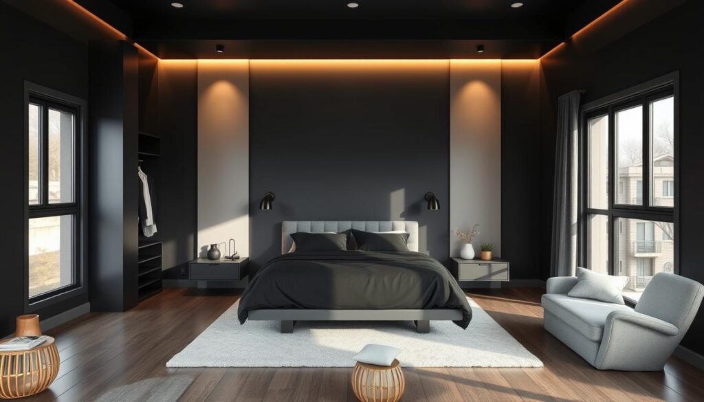 A well-designed, functional black bedroom layout with a focus on pragmatic organization and visual harmony. The room features a minimalist, monochromatic aesthetic with strategically placed light sources casting a warm, cozy glow. A central king-size bed with plush black linens takes center stage, flanked by sleek floating nightstands. The layout includes a freestanding wardrobe, a discreet work nook, and a serene seating area, all seamlessly integrated to maximize space and workflow. Natural textures like wood and stone accent the neutral palette, while large windows allow natural light to filter in, creating a balanced, tranquil atmosphere.