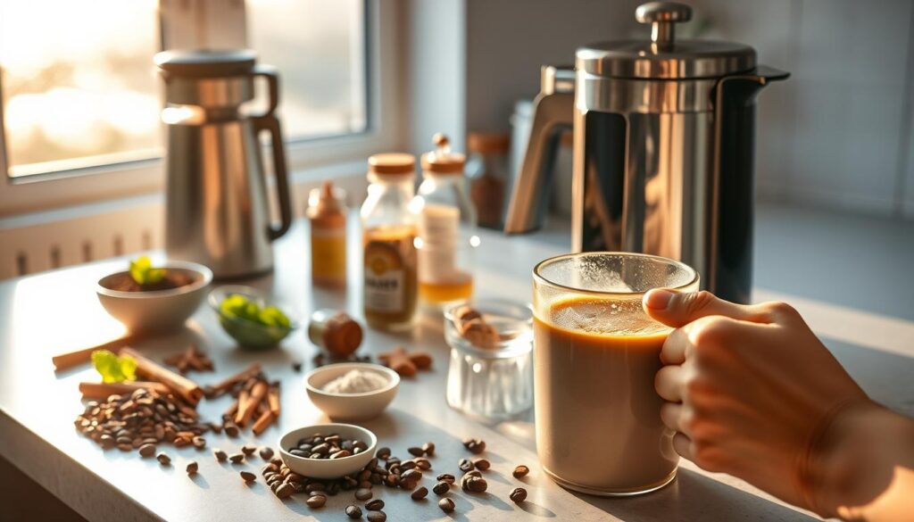 A well-lit countertop with an assortment of morning drink ingredients, including freshly ground coffee beans, a stainless steel french press, a ceramic mug, and a variety of spices and herbs like cinnamon, cardamom, and mint. The scene is bathed in warm, golden morning light, creating a cozy and inviting atmosphere. In the foreground, a hand gently stirs the freshly brewed coffee, highlighting the ritual and care involved in crafting the perfect energizing beverage. The middle ground features a sleek, minimalist coffee maker, along with a selection of superfoods like matcha powder and honey, hinting at the wellness-focused nature of the recipes. In the background, a window overlooks a serene outdoor scene, emphasizing the tranquility and balance of the morning routine.